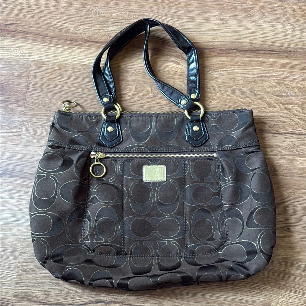 Coach Brown and Black Signature Tote Bag with Leather Trim